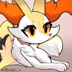  1girl animal_ear_fluff animal_ears animal_hands animal_nose artist_name black_fur blush body_fur braixen closed_mouth commentary fox_ears fox_girl fox_tail from_side furry furry_female happy highres light_blush lying meeka multicolored_fur neck_fur on_stomach orange_eyes pokemon pokemon_(creature) red_background red_eyeliner simple_background smile snout solo split_mouth symbol-only_commentary tail twitter_username watermark white_fur yellow_fur 