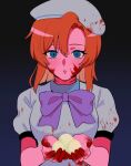  1girl asymmetrical_bangs beret blood blood_on_clothes blood_on_face blood_on_hands blue_background blue_eyes bow breasts commentary_request dress empty_eyes gradient_background hat higurashi_no_naku_koro_ni holding looking_at_viewer medium_breasts orange_hair parted_lips puffy_short_sleeves puffy_sleeves purple_bow ryuuguu_rena short_hair short_sleeves solo upper_body white_dress white_headwear yuno_ff 