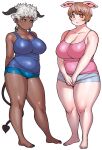  2girls animal_ears arms_behind_back bare_shoulders barefoot black_sclera blush breasts brown_hair cleavage closed_mouth collarbone colored_sclera commentary commentary_request contrapposto dark-skinned_female dark_skin demon_horns demon_tail elf-san_wa_yaserarenai. full_body highres horns huge_breasts looking_at_viewer multiple_girls oku_(elf-san_wa_yaserarenai) orange_eyes pentagram_earrings pig_ears plump pointy_ears satero short_hair short_shorts shorts simple_background standing synecdoche tail tareme thick_arms thick_thighs thighs tsurime white_background white_hair yellow_eyes 