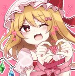  1girl ;3 ;d blonde_hair bow bright_pupils commentary_request crystal fang flandre_scarlet hair_bow hat heart heart_hands highres looking_at_viewer medium_hair mob_cap one_eye_closed outline pink_background pink_bow red_eyes short_sleeves simple_background smile solo subaru_(subachoco) touhou upper_body white_headwear white_outline white_pupils wings 