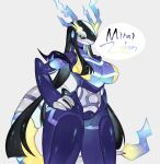  anthro big_breasts black_hair breasts claws featureless_breasts featureless_crotch female future_pokemon generation_9_pokemon hair hand_on_hip hi_res legendary_pokemon long_hair looking_at_viewer machine miraidon nintendo paradox_pokemon pokemon pokemon_(species) purple_body robot simple_background solo thick_thighs togetoge white_background wide_hips 