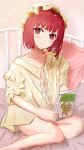  1girl arima_kana bare_legs bed bedroom bob_cut book closed_mouth commentary_request fuwafuwatsuru2 hat highres holding holding_book inverted_bob light_blush light_smile looking_at_viewer on_bed oshi_no_ko pajamas red_eyes red_hair short_hair sitting smile yellow_headwear yellow_pajamas 