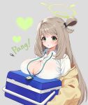  1girl :o absurdres blue_archive blush box breast_rest breasts button_gap cardigan cleavage cooler flying_button grey_background hair_ribbon halo heart highres holding holding_box huge_breasts lanyard light_brown_hair long_hair looking_at_viewer nonomi_(blue_archive) popped_button ribbon ricocheting see-through see-through_shirt seoki_(hi3031) shirt simple_background solo upper_body very_long_hair white_shirt yellow_cardigan 