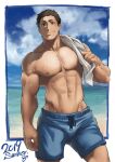  1boy 2019 8_(yamalu) abs bara beach black_hair blue_male_swimwear closed_mouth cloud haikyuu!! highres holding holding_clothes holding_shirt large_pectorals looking_at_viewer male_focus male_swimwear muscular muscular_male navel nipples outdoors pectorals sawamura_daichi shirt short_hair sky smile solo topless_male unworn_shirt wet 