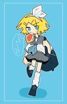  1girl absurdres alternate_costume aqua_eyes backpack bag bike_shorts bike_shorts_under_skirt black_footwear blonde_hair blue_background blue_eyes border bow food food_in_mouth grey_skirt hair_bow hair_ornament hairclip highres holding holding_bag jam kagamine_rin loose_socks putting_on_shoes school_uniform serafuku short_hair skirt socks solo sweatdrop toast translation_request umitukisan voiceroid white_border white_socks 