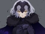  1girl armor breasts citron80citron cloak eyebrows_hidden_by_hair fate/samurai_remnant fate_(series) grey_hair headpiece jeanne_d&#039;arc_alter_(fate) jeanne_d&#039;arc_alter_(lancer)_(fate) looking_at_viewer short_hair simple_background solo upper_body yellow_eyes 