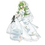  1girl bahao_diqiu bouquet breasts bridal_veil brooch calico_m950 cleavage crown dress elbow_gloves floral_print flower flower_request girls&#039;_frontline glass_slipper gloves green_hair gun hair_flower hair_ornament halterneck handgun heart-shaped_ornament high_heels holding holding_bouquet holding_gun holding_weapon jewelry light_blush long_hair looking_at_viewer m950a_(girls&#039;_frontline) m950a_(the_warbler_and_the_rose)_(girls&#039;_frontline) official_alternate_costume official_art ring simple_background smile solo transparent_background veil weapon wedding_dress wedding_ring white_gloves yellow_brooch yellow_eyes 