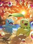  ;d beach bubble chikorita cloud fushigi_no_dungeon gradient_sky hakkentai_pokedan highres horizon no_humans ocean one_eye_closed open_mouth orange_sky pokemon pokemon_(creature) pokemon_(game) pokemon_mystery_dungeon red_eyes shell sky smile sun totodile twilight 