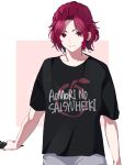  1boy araki_(utaite) black_shirt closed_mouth clothes_writing grey_pants highres holding_micriphone intkrgr_anm male_focus niconico pants red_eyes red_hair shirt short_hair smile solo t-shirt utaite 