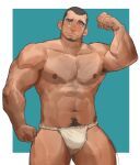  1boy abs bara blue_background bulge buzz_cut facial_hair feet_out_of_frame flexing fundoshi gh_himainu goatee grey_hair head_tilt highres japanese_clothes large_pectorals looking_at_viewer male_focus mature_male muscular muscular_male navel navel_hair nipples original pectorals raised_eyebrow short_hair sideburns solo standing stomach thick_eyebrows thick_thighs thighs topless_male two-tone_background very_short_hair 