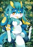  &lt;3 &lt;3_eyes absurd_res anthro blue_body blue_fur blush breasts brown_eyes chubby_female cute_expression detailed_background digital_media_(artwork) double_slime female fur fur_tuft furred_kobold genitals hair hi_res horn kemono kobold lemon_(double_slime) looking_at_viewer lying mane markings nude on_back pawpads paws pussy raised_paw semi-anthro slit smile solo tail tongue tuft water white_body white_fur yellow_markings yellow_pawpads 