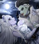  2girls ais_illust bat_(animal) black_hair black_tears bride castle choker cloud colored_skin cosplay dancing dried_tears frankenstein&#039;s_monster frankenstein&#039;s_monster_(cosplay) full_moon green_skin halloween highres jewelry lipstick makeup mascara moon multiple_girls necklace night night_sky overwatch overwatch_1 pearl_necklace purple_skin red_lips sky sombra_(overwatch) stitched_face stitches tears undead white_hair widowmaker_(overwatch) 