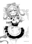  1girl agnes_digital_(umamusume) alternate_costume animal_ears apron blush bow breasts cowboy_shot dress enmaided frilled_apron frilled_dress frills greyscale hair_bow heart heart_hands horse_ears horse_girl horse_tail koruri long_hair looking_at_viewer maid maid_apron monochrome open_mouth puffy_short_sleeves puffy_sleeves short_sleeves small_breasts solo tail two_side_up umamusume waist_apron 