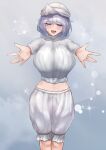  1girl \||/ absurdres beckoning bloomers blue_eyes breasts commission feet_out_of_frame grey_background half-closed_eyes highres huge_breasts letty_whiterock light_purple_hair medium_hair nanaironokabi outstretched_arms pixiv_commission shirt sparkle touhou underwear variant_set white_shirt 