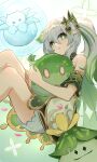  1girl absurdres animal_hug aranara_(genshin_impact) bloomers bracelet cape commentary_request czk detached_sleeves dress fungi_(genshin_impact) genshin_impact gradient_hair green_cape green_eyes hair_between_eyes hair_ornament highres jewelry knees_up leaf_hair_ornament long_hair looking_at_viewer multicolored_hair nahida_(genshin_impact) parted_lips short_dress short_sleeves side_ponytail sidelocks simple_background sitting slime_(genshin_impact) streaked_hair symbol-shaped_pupils two-tone_hair underwear white_background white_bloomers white_dress white_hair 