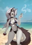  anthro beach big_breasts bikini black_body black_fur breasts canid canid_demon canine cigarette clothed clothing collar demon ear_piercing eyebrow_piercing facial_piercing female fur grey_body grey_fur hair hellhound helluva_boss hi_res loona_(helluva_boss) mammal outside piercing pulred red_sclera sand seaside sky smile smoking solo swimwear tail thick_thighs water white_body white_fur 