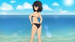  1girl andou_(girls_und_panzer) ass bikini black_bikini black_hair blush breasts brown_eyes butt_crack closed_mouth dsuzu girls_und_panzer hands_on_own_hips highres looking_at_viewer looking_back medium_breasts ocean short_hair sky smile solo standing swimsuit 