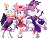  3girls amy_rose animal_ears bad_id bad_twitter_id bat_ears bat_girl bat_wings blaze_the_cat cat_ears cat_girl cat_tail dress eyelashes forehead_jewel fur-trimmed_gloves fur_trim gloves gold_necklace green_eyes hairband heart hedgehog_girl highres jacket jewelry locked_arms multiple_girls necklace pants ponytail purple_fur purple_jacket red_dress rouge_the_bat sonic_(series) steffybs tail white_background white_gloves white_pants wings yellow_eyes 