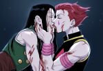  2boys black_hair blood blood_on_face empty_eyes enyalee french_kiss from_side hair_slicked_back hands_on_another&#039;s_neck highres hisoka_morow hunter_x_hunter illumi_zoldyck kiss long_hair male_focus multiple_boys red_hair short_hair sleeveless tongue tongue_out yaoi 