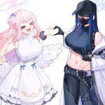  &gt;_&lt; 2girls absurdres angel_wings armband baseball_cap blue_archive blue_hair blush breasts coat commentary crop_top ddog dress gloves groin hair_bun halo hat heart heart_hands heart_hands_duo highres large_breasts looking_at_viewer mask mika_(blue_archive) mouth_mask multiple_girls navel pink_hair saori_(blue_archive) scrunchie simple_background single_side_bun sleeveless sleeveless_dress smile stomach v white_background white_coat white_wings wings wrist_scrunchie 