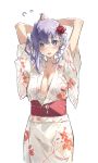  1girl :d absurdres arms_up blue_eyes blush breasts cleavage cowboy_shot fate/stay_night fate_(series) floral_print flower flying_sweatdrops hair_flower hair_ornament highres japanese_clothes kimono large_breasts long_hair long_sleeves looking_at_viewer matou_sakura obi open_mouth print_kimono purple_hair red_flower sash shigure_(shigure_43) simple_background smile spider_lily tying_hair white_background white_kimono wide_sleeves yukata 