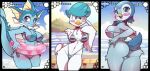  anthro avian beach beak big_breasts bikini blue_body blue_feathers breasts butt_pose clothing eeveelution fabio_paulino feathers female fin frill_(anatomy) front_view generation_1_pokemon generation_4_pokemon generation_9_pokemon group head_fin inflatable inner_tube looking_back neck_frill nintendo outside piplup pokemon pokemon_(species) pose quaxly rear_view seaside swimwear trading_card trio vaporeon water wet white_body white_feathers 