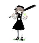  1girl adidas ball baseball_bat beret black_ribbon black_skirt brown_eyes brown_hair carrying_over_shoulder collared_shirt commentary_request flower full_body hair_flower hair_ornament hair_ribbon hands_up hat hatoba_tsugu holding holding_baseball_bat kokaki_mumose light_blush long_sleeves looking_at_viewer mary_janes medium_hair mouth_hold neck_ribbon pantyhose ribbon shirt shirt_tucked_in shoes simple_background single_hair_ring skirt solo standing suspender_skirt suspenders tennis_ball tsugu_(vtuber) virtual_youtuber white_background white_flower white_pantyhose 