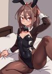  1girl animal_ears bed black_bow black_bowtie black_jacket black_leotard black_pantyhose bow bowtie breasts brown_eyes brown_hair detached_collar feet_out_of_frame hair_between_eyes highres jacket kantai_collection kv-san leotard long_hair on_bed pantyhose pillow playboy_bunny ponytail rabbit_ears sitting small_breasts solo spread_legs strapless strapless_leotard tuxedo_jacket wrist_cuffs zuihou_(kancolle) 