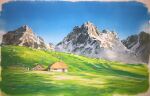  blue_sky building chochottochoina cloud cloudy_sky fence grass highres hill house mountain mountainous_horizon no_humans original painting_(medium) plateau sky snow thatched_roof traditional_media 