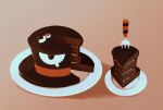  atoymk cake chocolate_cake enraku_tsubakura eye_on_hat food fork gradient_background highres large_hat len&#039;en no_humans plate simple_background 