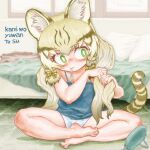  1girl absurdres animal_ears bara_bara_(pop_pop) barefoot bed camisole cat_ears cat_girl cat_tail extra_ears geoffroy&#039;s_cat_(kemono_friends) green_eyes grey_hair highres kemono_friends kemono_friends_v_project long_hair mirror ribbon shorts tail virtual_youtuber 
