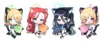  4girls absurdly_long_hair absurdres animal_ear_headphones animal_ears aris_(blue_archive) black_hair black_skirt black_thighhighs blonde_hair blue_archive blue_eyes blue_halo blue_necktie bow cat_ears cat_tail chibi closed_mouth collared_shirt fake_animal_ears full_body game_development_department_(blue_archive) green_bow green_eyes green_halo hair_bow halo headphones highres jacket long_hair midori_(blue_archive) momoi_(blue_archive) multiple_girls nannung necktie one_eye_closed open_clothes open_jacket open_mouth orange_halo parted_lips pink_eyes pink_halo purple_eyes red_bow red_hair shirt short_hair simple_background skirt smile tail thighhighs two-sided_fabric two-sided_jacket very_long_hair white_background white_jacket white_shirt yuzu_(blue_archive) 