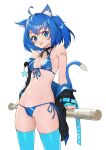  1girl :p absurdres ahoge animal_ear_fluff animal_ears aqua_thighhighs bandaid bandaid_on_arm bare_shoulders baseball_bat bikini blue_bikini blue_eyes blue_hair botro breasts cat_ears cat_girl cat_tail commentary_request cowboy_shot crossed_bangs front-tie_bikini_top front-tie_top highres holding holding_baseball_bat jacket jacket_partially_removed korean_commentary long_sleeves looking_at_viewer navel open_clothes open_jacket original short_hair side-tie_bikini_bottom side_ponytail simple_background small_breasts solo star_(symbol) stomach swimsuit tail tail_raised thighhighs tongue tongue_out two-sided_fabric two-sided_jacket white_background 