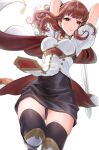  1girl armor arms_up ass_visible_through_thighs bangs black_skirt breastplate cape celica_(fire_emblem) fire_emblem fire_emblem_echoes:_shadows_of_valentia from_below haru_(nakajou-28) holding holding_sword holding_weapon leg_armor looking_at_viewer medium_hair puffy_short_sleeves puffy_sleeves raise_sword red_cape red_eyes red_hair shirt short_sleeves skirt solo sword sword_behind_back thighhighs thighs v-shaped_eyebrows weapon white_shirt 