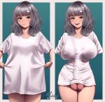  1girl absurdres baggy_clothes before_and_after between_breasts black_hair blunt_bangs breasts bulge covered_nipples covered_penis cowboy_shot erection erection_under_clothes futanari green_eyes grey_hair hair_ornament highres large_breasts large_penis meme multiple_views naked_shirt no_panties no_pants open_mouth original pajamas_challenge_(meme) penis pulled_by_self rabbit_hair_ornament sabakan_oekaki shirt short_sleeves smile t-shirt taut_clothes taut_shirt testicles 