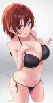  1girl bikini black_bikini blue_eyes blush braid breasts brown_hair cleavage contrapposto cowboy_shot emma_verde freckles hands_on_own_chest highres large_breasts long_hair looking_at_viewer love_live! love_live!_nijigasaki_high_school_idol_club low_twintails lowlight1010 navel open_mouth paid_reward_available side-tie_bikini_bottom signature skindentation solo swimsuit tile_floor tiles twin_braids twintails 