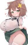  1girl animal_ears breasts brown_hair green_eyes green_skirt hair_ornament heart huge_breasts lifted_by_self looking_at_viewer no_panties oppai_loli original sa_ka_(sakanoya) shirt short_hair simple_background skirt smile solo thighhighs white_background white_shirt white_thighhighs 