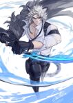  1boy alternate_pectoral_size animal_ears arknights black_gloves cropped_legs fighting_stance frown fur_trim gloves grey_eyes grey_hair hair_between_eyes highres incoming_attack large_pectorals leopard_boy leopard_ears leopard_tail long_hair long_sleeves looking_at_viewer male_focus pectoral_cleavage pectorals saturn_(satscarlet) serious shirt silverash_(arknights) slit_pupils solo tail toned toned_male white_hair white_shirt 