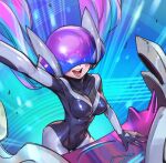  1girl :d arm_up black_bodysuit blush bodysuit breasts dj_sona green_hair grey_bodysuit large_breasts league_of_legends long_hair multicolored_background multicolored_bodysuit multicolored_clothes official_alternate_costume phantom_ix_row pink_hair shiny_clothes smile solo sona_(league_of_legends) teeth tongue twintails 