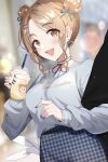  1boy 1girl absurdres arm_hug blurry blurry_background blush bokeh breasts cup depth_of_field disposable_cup double_bun earrings fingerless_gloves gawawawa gloves grey_shirt hair_bun hair_ribbon heart heart_earrings hetero highres holding holding_cup ichikawa_hinana idolmaster idolmaster_shiny_colors jewelry light_brown_hair looking_at_viewer medium_breasts nail_polish outdoors parted_bangs patterned_clothing pov pov_hands producer_(idolmaster) ribbon shirt wavy_hair 
