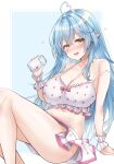  1girl ahoge beer_can blue_hair bra breasts can cleavage highres hololive light_blue_hair long_hair looking_at_viewer navel null_ccino open_mouth pointy_ears simple_background sitting smile underwear virtual_youtuber yellow_eyes yukihana_lamy 