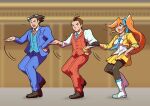  1girl 2boys :d absurdres ace_attorney antenna_hair apollo_justice athena_cykes black_eyes black_hair black_pantyhose blue_jacket blue_necktie blue_pants blue_ribbon blue_suit blue_vest blurry blurry_background boots bracelet breast_pocket brown_footwear brown_hair buttons clenched_hand closed_mouth collared_shirt crescent crescent_earrings cropped_jacket dancing earrings full_body gloves hair_ribbon hand_on_own_hip highres jacket jewelry lapel_pin lapels layered_sleeves long_hair long_sleeves loose_necktie miniskirt multiple_boys necklace necktie o3o open_collar open_mouth orange_hair pants pantyhose partially_fingerless_gloves phoenix_wright pocket pokeno255 pose_request red_necktie red_pants red_vest ribbon shirt short_hair side_ponytail sidelocks single_earring single_glove skirt sleeve_cuffs sleeves_rolled_up smile spiked_hair standing standing_on_one_leg suit suit_jacket sweat swept_bangs three-piece_suit untucked_shirt v-shaped_eyebrows very_long_hair vest white_footwear white_shirt yellow_jacket yellow_skirt 