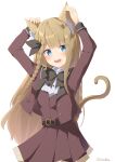  1girl absurdres animal_ears arms_up black_bow black_bowtie blonde_hair blue_eyes blush bow bowtie braided_sidelock cat_ears cat_girl cat_tail collared_shirt cowboy_shot fang highres idoly_pride jacket kemonomimi_mode layered_clothes long_bangs long_hair long_sleeves looking_at_viewer narumiya_suzu open_clothes open_jacket open_mouth pleated_skirt raised_eyebrows red_jacket red_shirt red_skirt rj_edward_(artist) school_uniform shirt sidelocks simple_background skin_fang skirt solo straight_hair tail very_long_hair watermark wavy_mouth white_background white_shirt 
