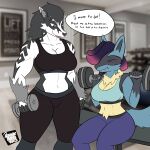  absurd_res bench big_breasts bra breasts clothing comic duo female female/female feral generation_4_pokemon generation_8_pokemon gym gym_clothing hi_res leggings legwear lucario muscular nintendo obstagoon pokemon pokemon_(species) rhode_arts size_difference sports_bra tina(rhode_arts) training underwear 