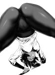  1girl all_fours ass bleach daraz greyscale highres leggings long_hair looking_at_viewer looking_through_legs monochrome parted_lips ponytail shihouin_yoruichi smile solo spread_legs sweater top-down_bottom-up upside-down white_background 