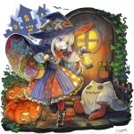  1girl absurdres basket bat_(animal) blue_eyes border candy creature dress food frilled_dress frills ghost_costume halloween halloween_costume hat highres holding holding_lantern jack-o&#039;-lantern komota_(kanyou_shoujo) lantern long_hair lucette_(komota_(kanyou_shoujo)) open_mouth original pumpkin signature smile solo tentacles white_border white_hair witch_hat 