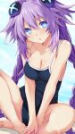  1girl bare_arms bare_legs barefoot blue_eyes blush braid breasts hair_ornament indian_style iwashi_dorobou_-r- long_hair medium_breasts neptune_(series) one-piece_swimsuit power_symbol purple_hair purple_heart school_swimsuit sitting solo swimsuit symbol-shaped_pupils twin_braids twintails very_long_hair 