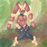  absurd_res anthro areola balls bodily_fluids breasts brown_areola brown_body brown_fur digital_media_(artwork) digital_painting_(artwork) erection fluffy forest fur genital_fluids genitals gynomorph hi_res intersex lagomorph mammal mega_evolution mega_lopunny nintendo nude penis plant pokemon pokemon_(species) precum red_eyes sitting snizzblizz solo solo_focus tongue tongue_out tree 