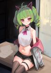  1girl absurdres ahoge ascot bare_shoulders black_skirt black_thighhighs blunt_bangs blush clothes_down collarbone cropped_shirt delutaya drill_hair feet_out_of_frame green_hair green_panties highleg highleg_panties highres indie_virtual_youtuber jacket looking_at_viewer medium_hair microskirt midriff multicolored_hair navel open_clothes open_jacket panties pink_ascot pink_eyes pink_hair pleated_skirt rifufu ringlets shirt sitting skindentation skirt sleeveless sleeveless_shirt smile solo streaked_hair thigh_strap thighhighs triangle_hair_ornament twin_drills underwear virtual_youtuber white_jacket white_shirt 