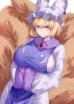  1girl absurdres blonde_hair blush breasts closed_mouth commentary_request dress fox_tail hands_in_opposite_sleeves hat highres large_breasts long_sleeves looking_at_viewer mirufui mob_cap multiple_tails official_alternate_costume orange_eyes purple_tabard short_hair simple_background smile solo tabard tail touhou white_background white_dress white_headwear yakumo_ran 